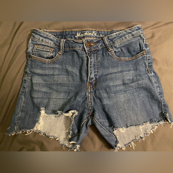 Machine Pants - Juniors High Waisted Ripped Raw Hem Blue Jean Shorts